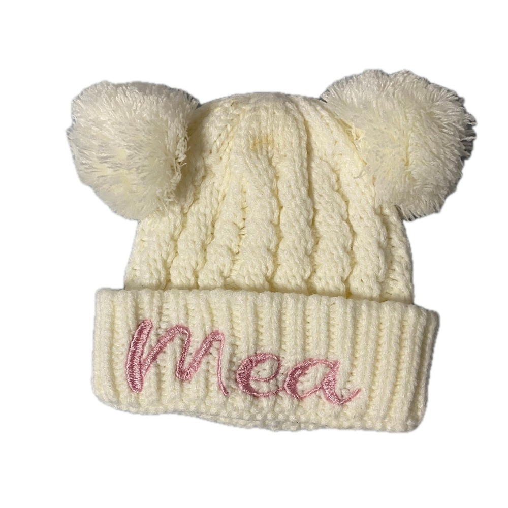 Unbranded Kids Cream Cable Knit Double Pom Pom Beanie Hat Pink Mea Embroidery